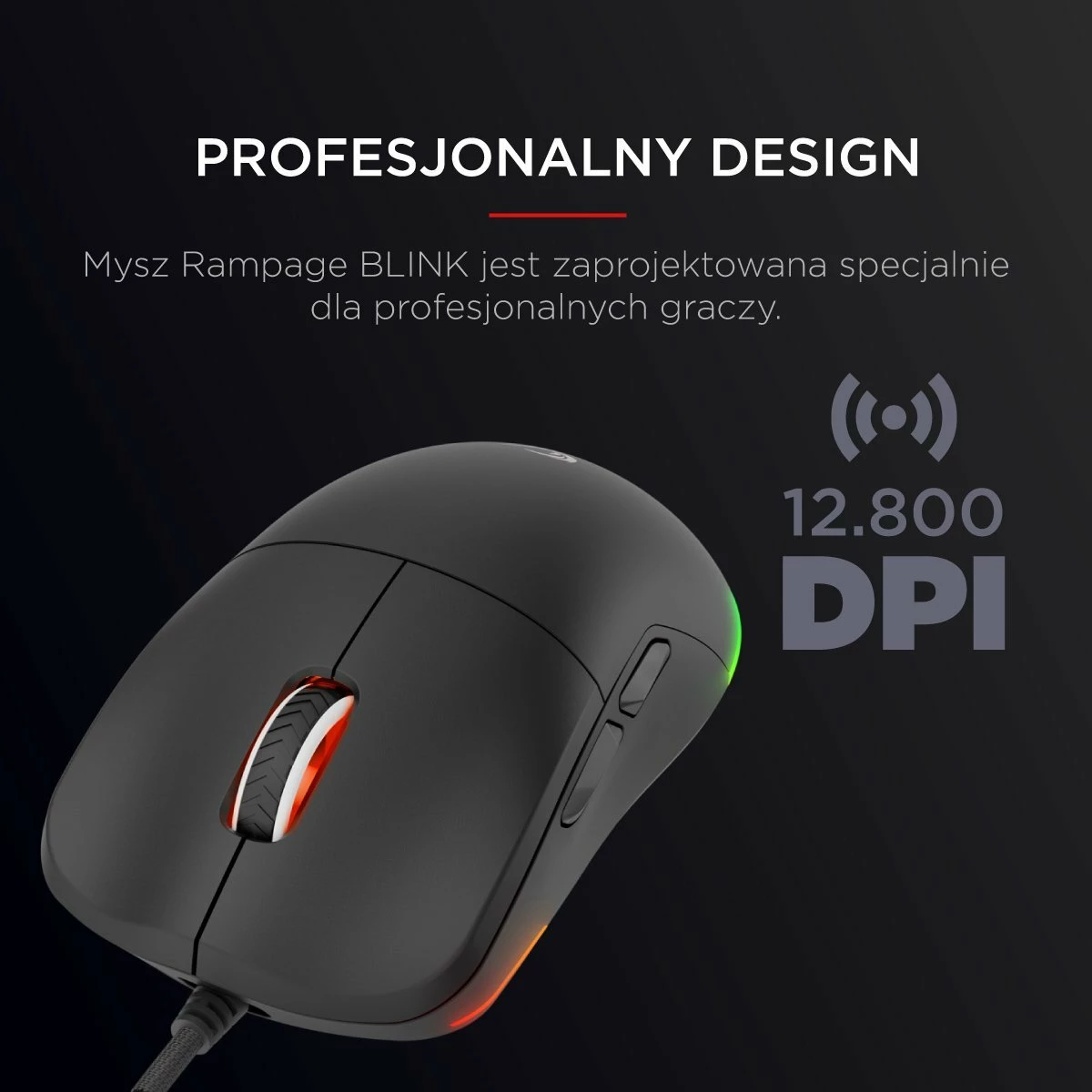Maus gaming Rampage Blink (BLINK-BLACK) 12800 DPI RGB USB me kabllo, i zi, me kapakë ndërrues