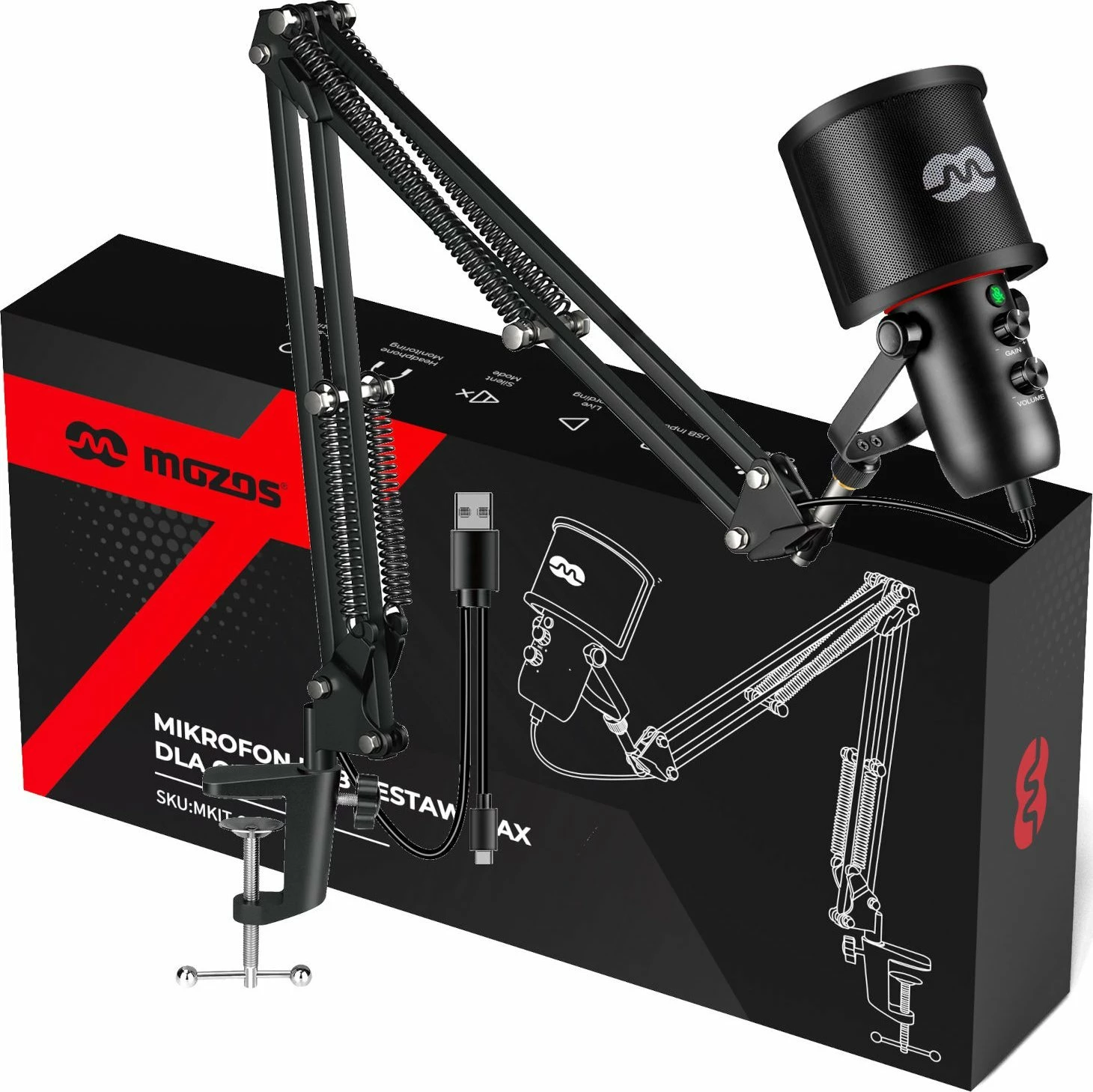 Mikrofon Mozos MKIT-GX USB kardioid me jack 3.5mm monitorimi, set me krah boom, i zi