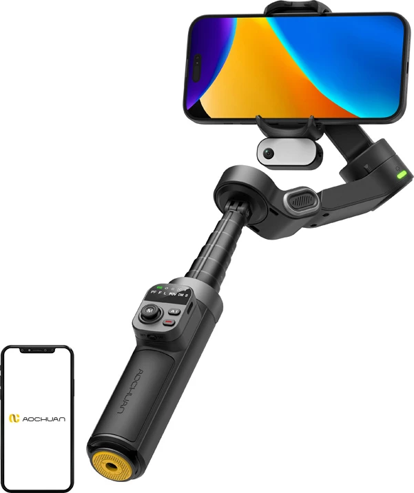 Gimbal stabilizator për celular AOCHUAN Smart X3, 3-aksësh, AI face tracking 360°, shkop zgjatues 51 cm, Bluetooth remote, e zezë, set