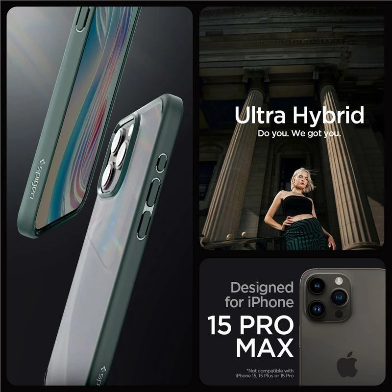 Mbështjellës Spigen Ultra Hybrid për iPhone 15 Pro Max, Gjelbër e errët
