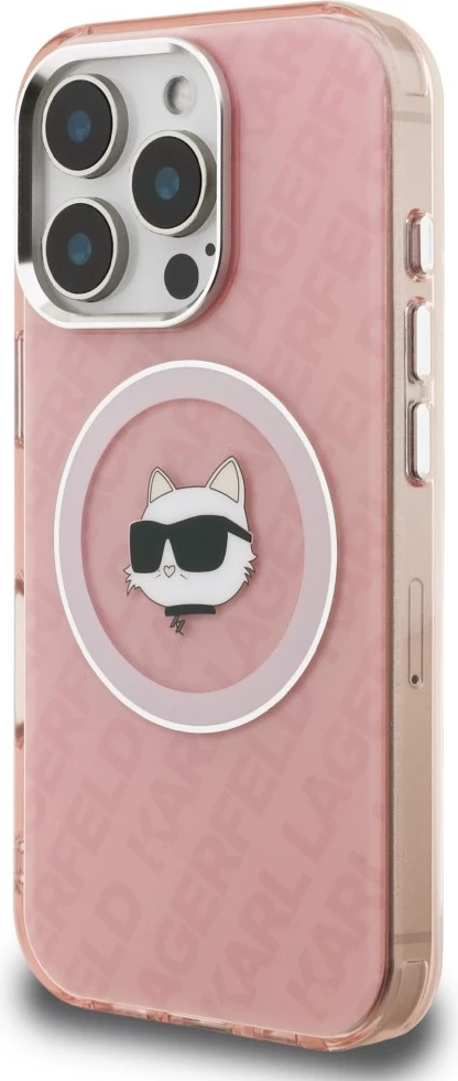 Mbështjellës Karl Lagerfeld IML Choupette Head Logo MagSafe për iPhone 16 Pro Max, rozë, me kuti