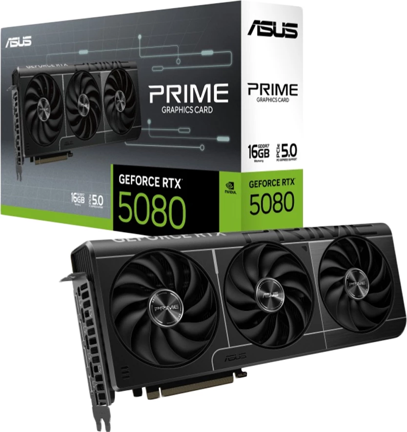 Kartelë grafike ASUS Prime GeForce RTX 5080 PRIME-RTX5080-16G, 16GB GDDR7, PCIe 5.0, 1x HDMI 2.1b, 3x DisplayPort 2.1b, e zezë