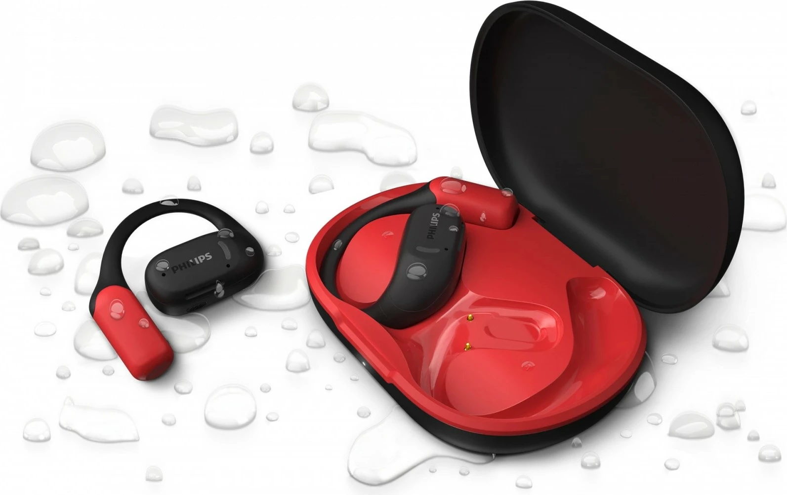 Kufje pa tela TWS, Philips TAA6709BK/00, open-ear sport me varëse mbi vesh, Bluetooth 5.4, IP55, deri 28h, USB‑C, e zezë/kuqe