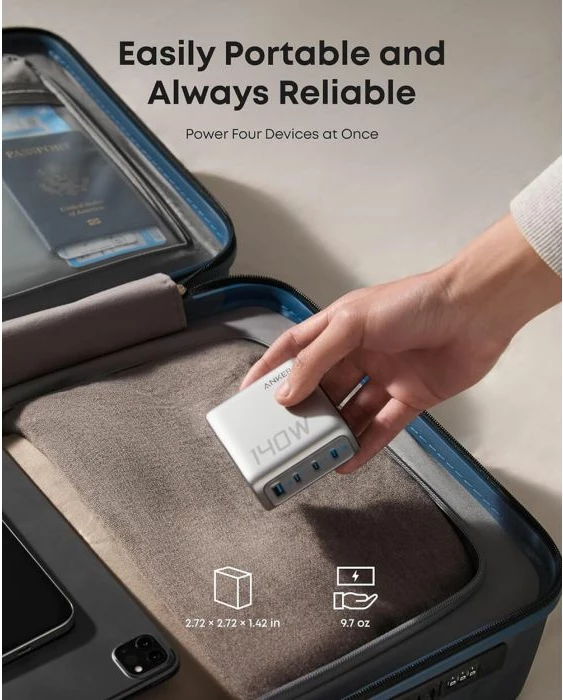 Karikues për laptop Anker B2697 140W GaN PD 3.1, 4 porta (3x USB-C + 1x USB-A), me ekran, gri, me kabllo USB-C në USB-C 1.5m