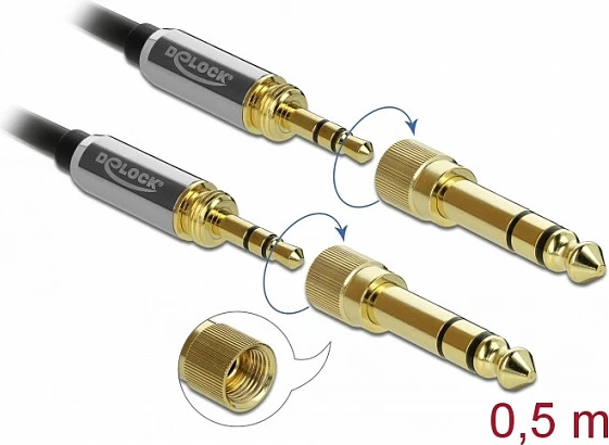 Kabll audio stereo DeLOCK 85784, 3.5mm mashkull në 3.5mm mashkull, 0.5m, me adapter 6.35mm, zi/gri