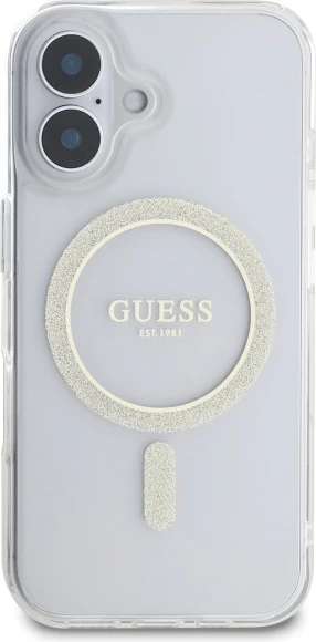 Mbështjellës Guess GUHMP16MHFGERET për iPhone 16 Plus 6.7", transparent, Glitter Circle MagSafe