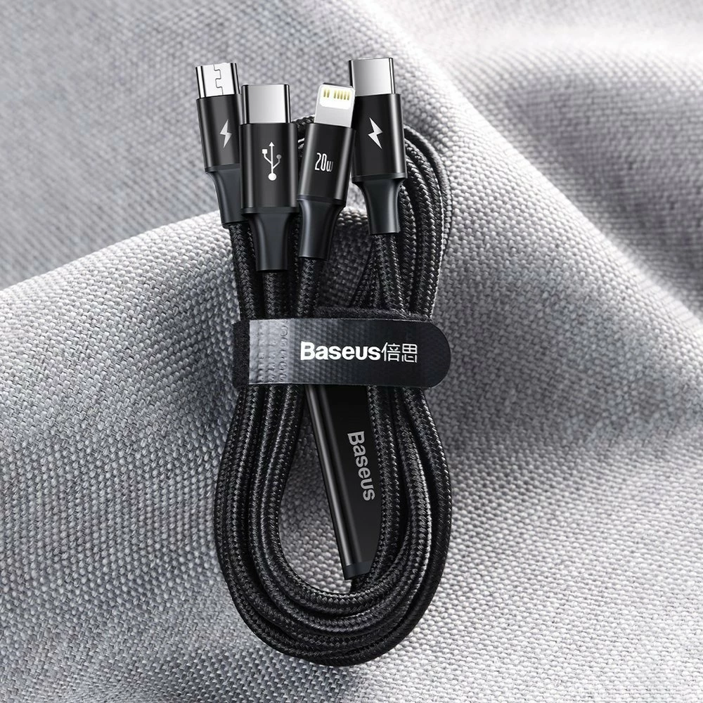 Kabllo 3-në-1 Baseus Rapid Series CAMLT-SC06, 1.5m, 20W, USB-C/Lightning/micro USB, e gjelbër