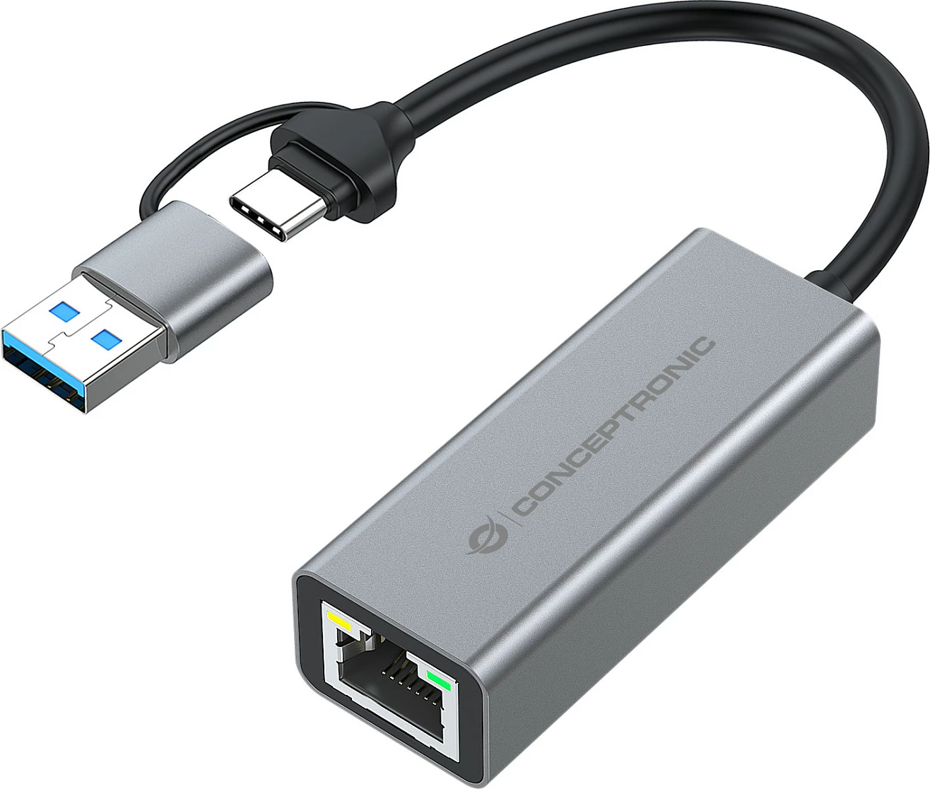 Adapter rrjeti USB Conceptronic ABBY08G, USB-A/USB-C në Gigabit Ethernet, USB 3.2 Gen 1, Wake-on-LAN, gri