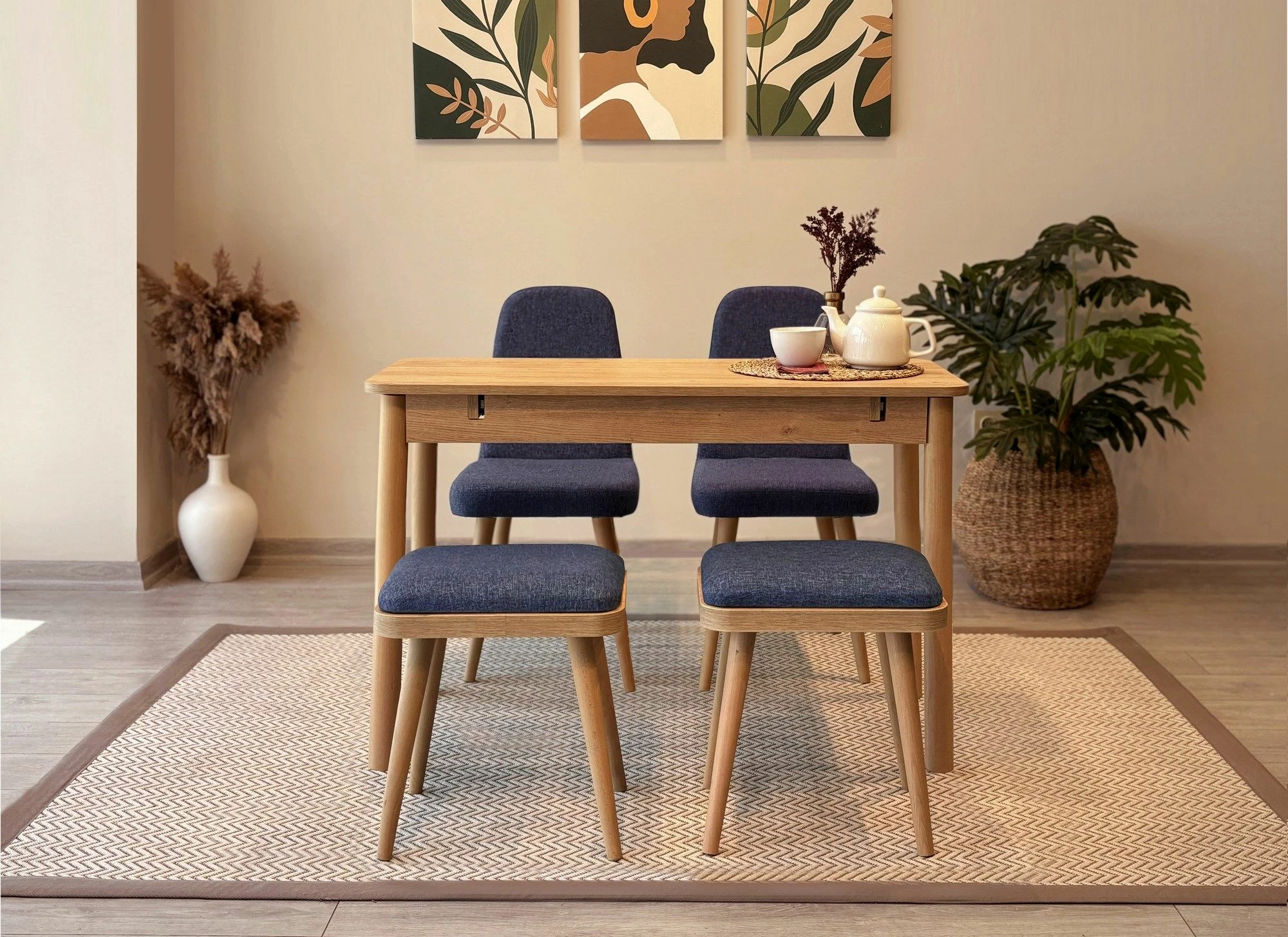 Tavolinë me karrige, zgjatshme, 5 pjesë, ngjyrë lisi dhe kaltër e errët, Vina Mini 02 1048