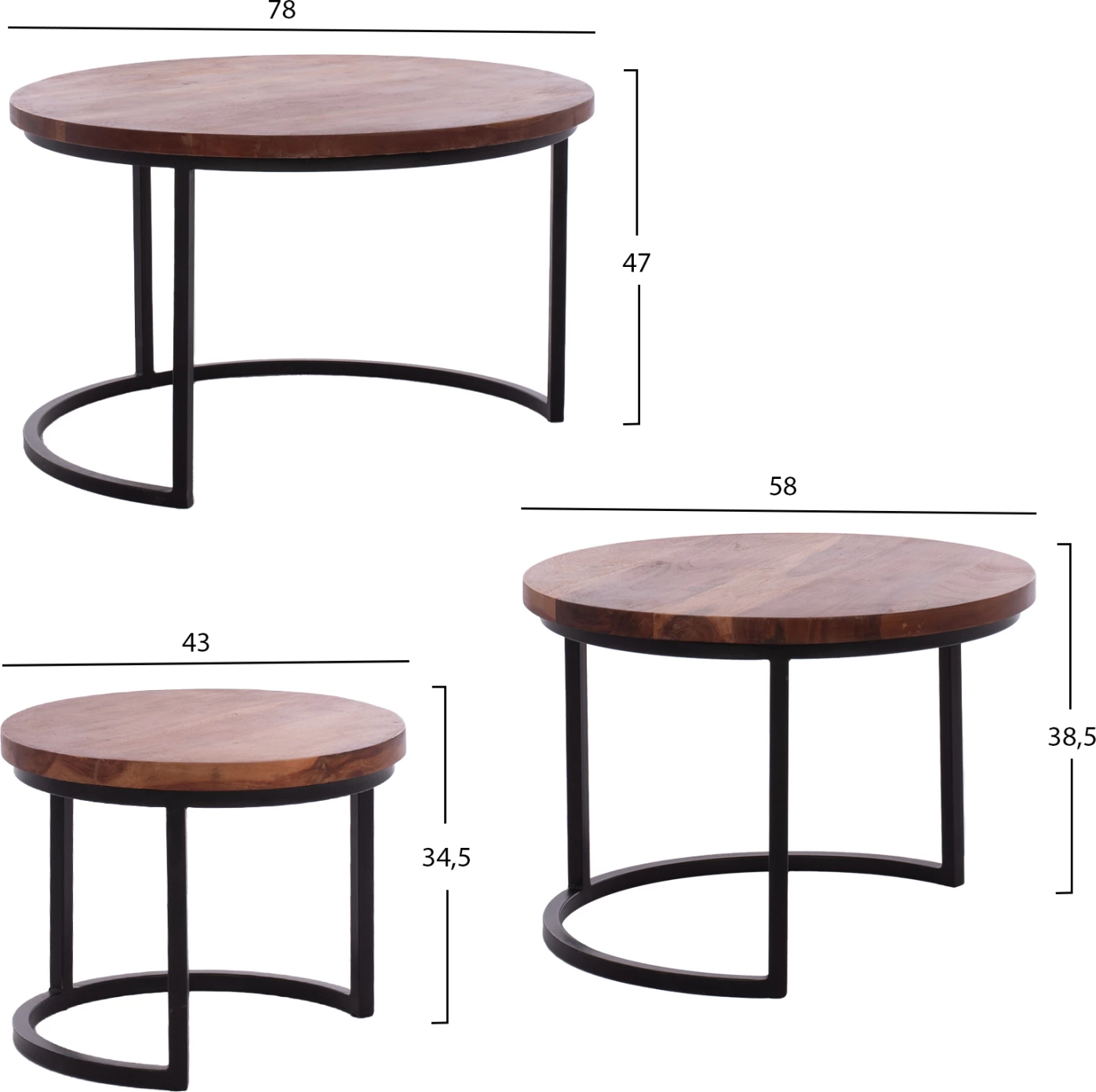 Set 3 tavolina zigon, dru akacie, këmbë metalike të zeza, 78x78x47cm