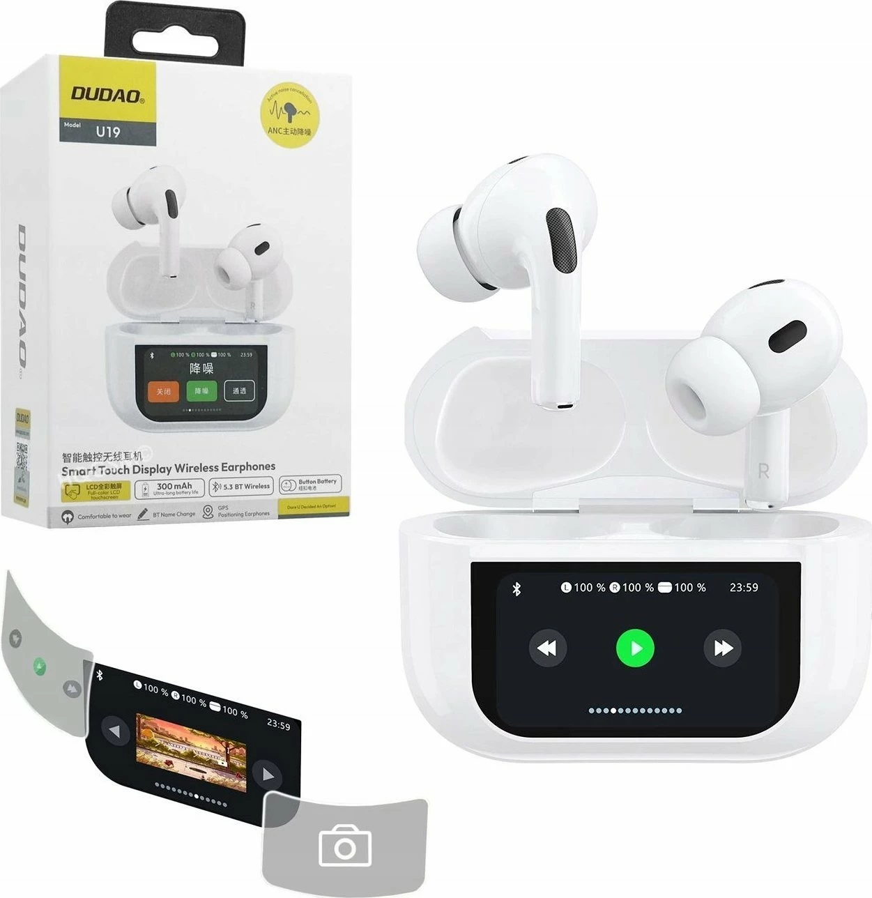 Kufje Dudao U19 TWS Bluetooth 5.3 me ANC, LED display, USB-C, deri 68h, të bardha