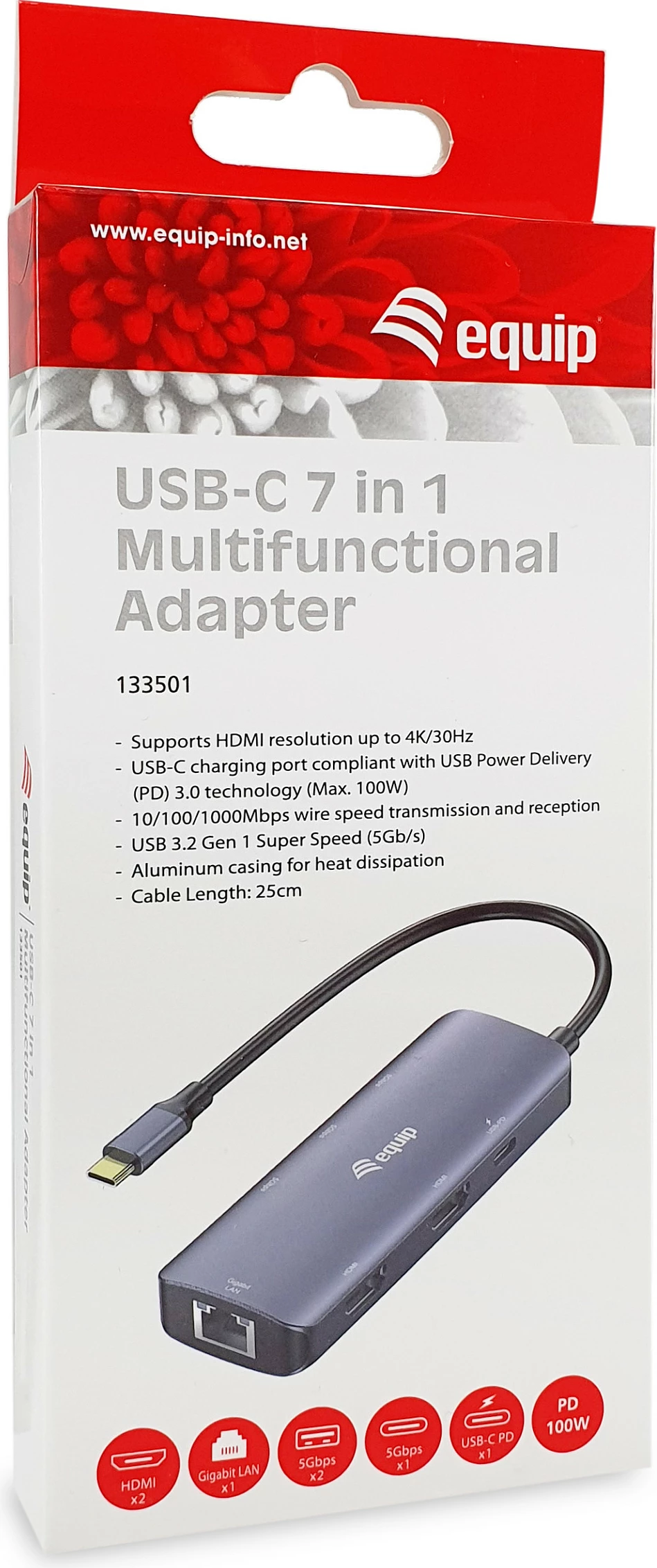 Adapter multiport USB-C EQUIP, 2x HDMI, RJ45, 2x USB-A, USB-C 3.2, gri