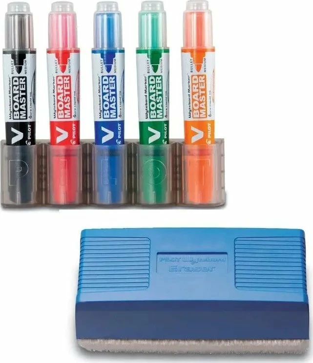 Marker për tabelë të bardhë Pilot V-Board Master M, vijë 2.3 mm / majë 6 mm, set 5 copë + sfungjer magnetik, shumëngjyrësh