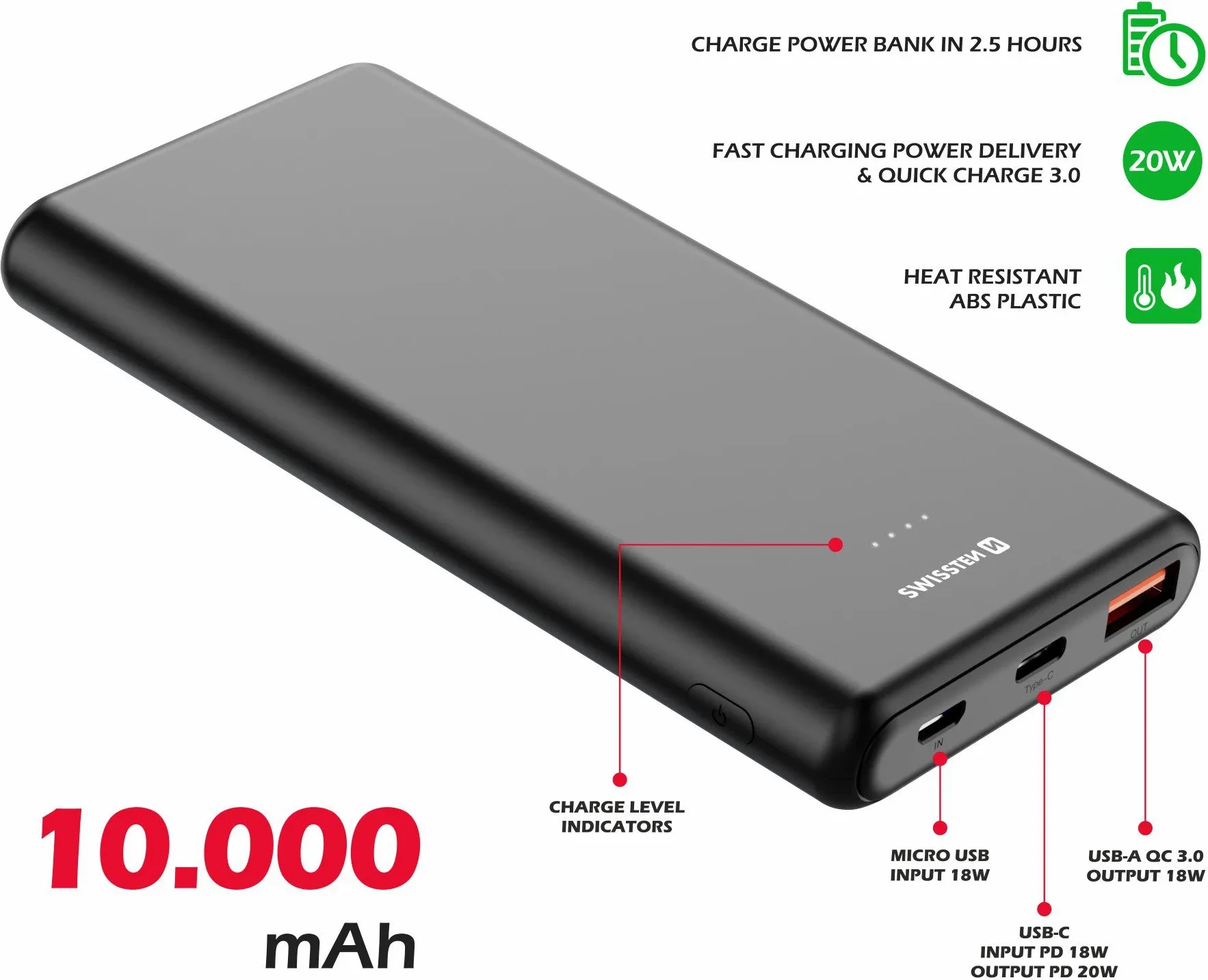 Power Bank Swissten 10000mAh, 20W, PD, e zezë