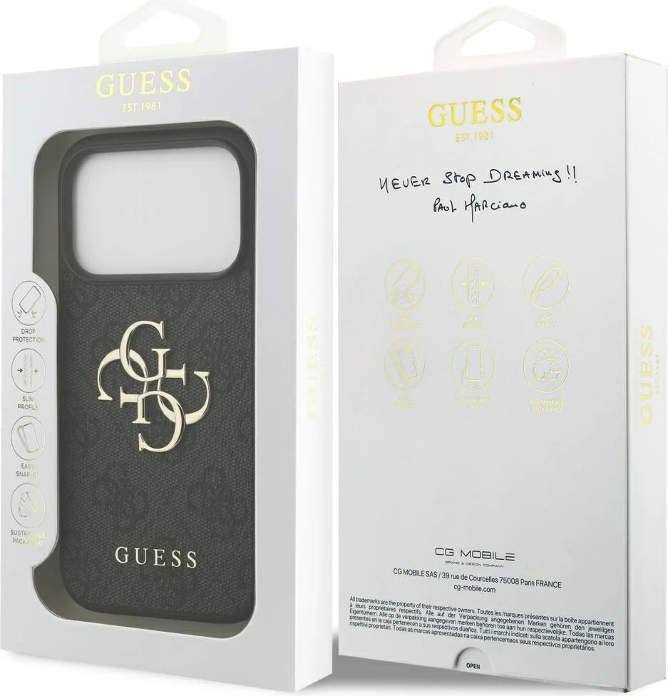 Mbështjellës Guess 4G Big Logo për iPhone 17 Pro, hardcase eko-lëkurë/TPU/PC, e zezë
