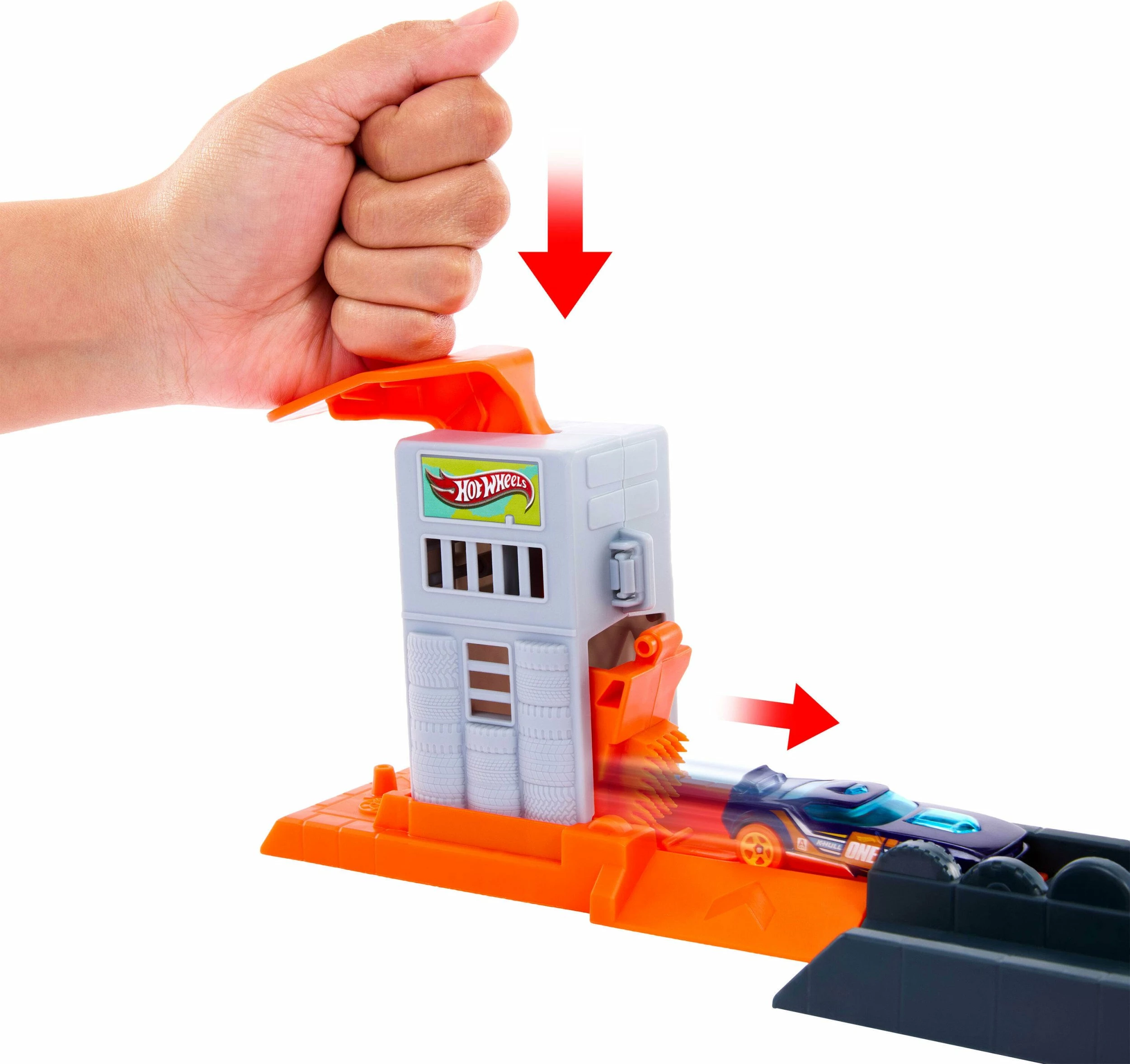 Set pistë Hot Wheels City Hungry Gorilla me launcher, Mattel JHL92, 1 makinë 1:64, 4+ vjeç, portokalli/blu