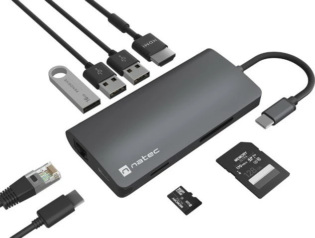 Adapter multiport Natec Fowler 2 V2, USB-C në HUB, 3x USB 3.0, HDMI 4K, Gri