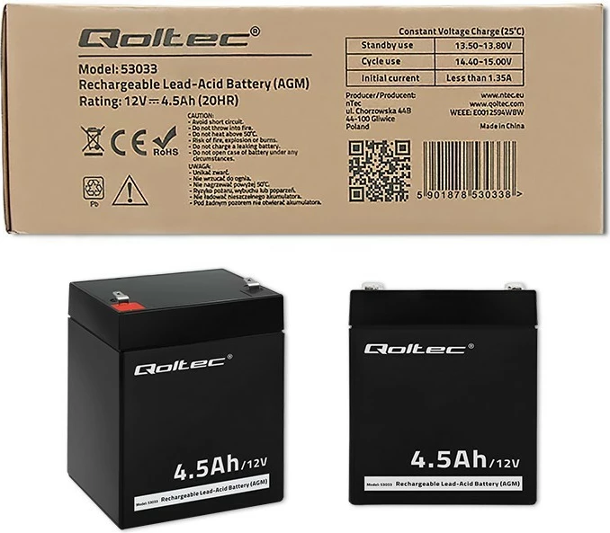Bateri AGM Qoltec 53033, 4.5Ah, 12V, e zezë