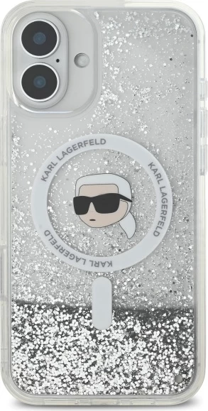 Mbështjellës Karl Lagerfeld Liquid Glitter Karl Head MagSafe për iPhone 16 Plus, Transparent