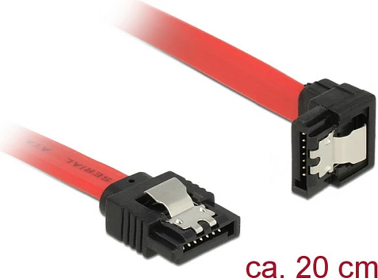 Kabllo SATA DeLOCK 83977, 20 cm, SATA 7-pin në SATA 7-pin, 6 Gbit/s, me kapëse, kuqe/zezë
