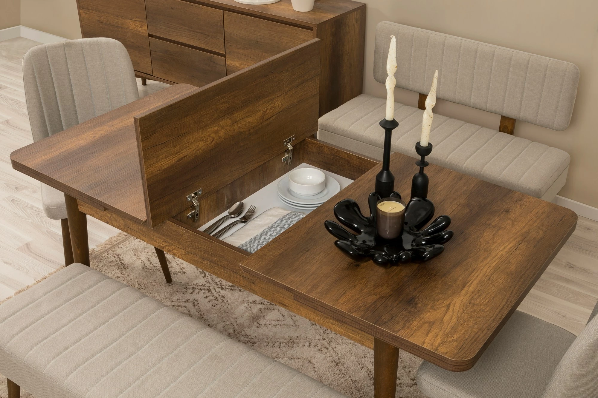 Set tavoline e zgjatshme me karrige, bankë dhe konsol (6 copë), Skye Decor, Vina Bench 04 1005, ngjyrë arre, krem