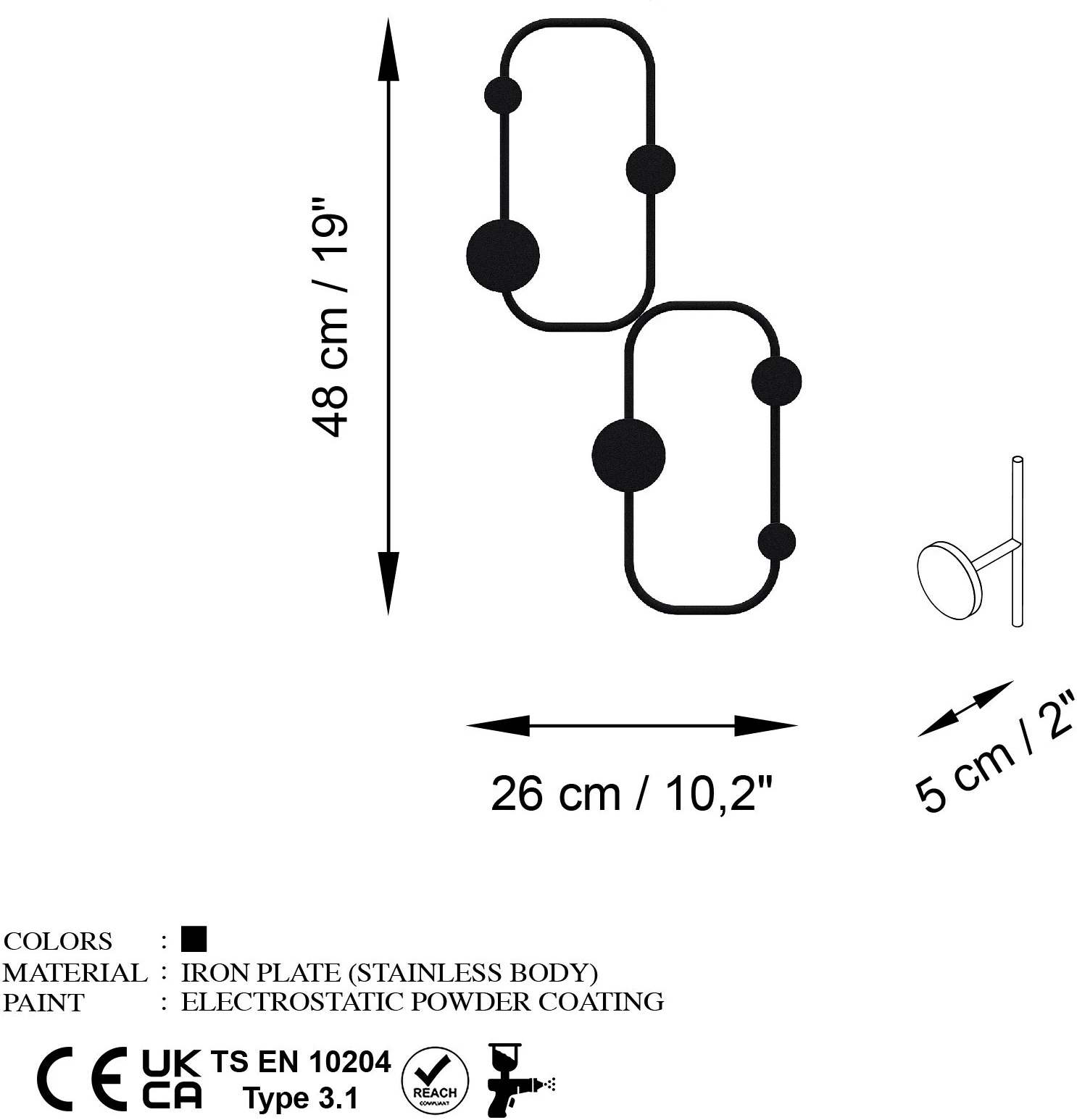 Varëse muri metalike, dizajn modern, ngjyrë e zezë, Wallity, Ladybug