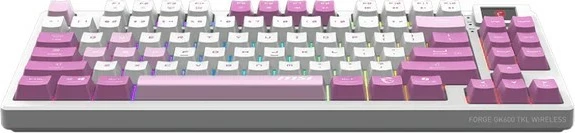 Tastierë mekanike, MSI, FORGE GK600 TKL W VIOLET US, TKL pa numpad, 2.4 GHz/Bluetooth/USB, hot-swap linear, RGB, ekran 1.06", bateri 4000 mAh, rozë/bardhë