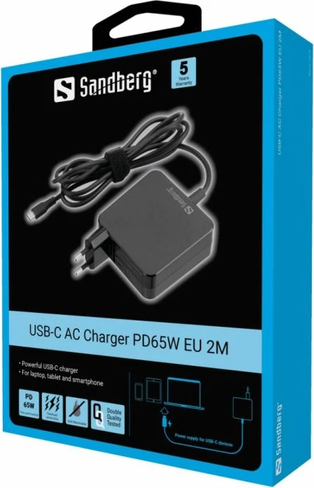 Karikues USB-C SANDBERG 135-79 PD 65W, kabllo 2 m, EU, i zi