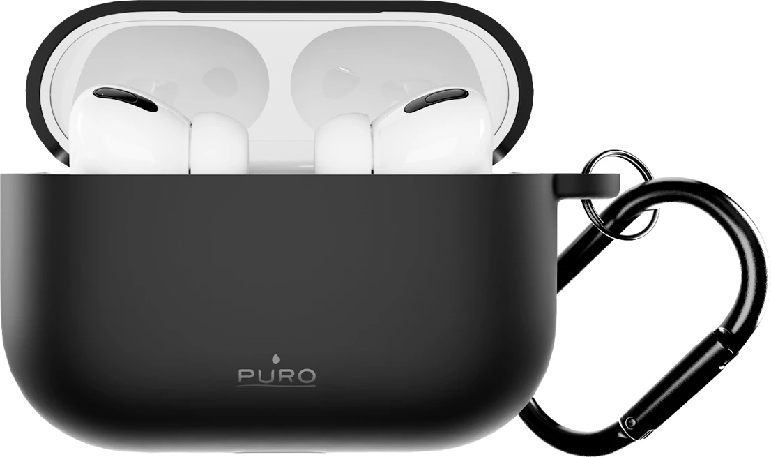 Mbështjellës silikoni Puro Icon për AirPods Pro 3, me karabinë, i zi, në kuti
