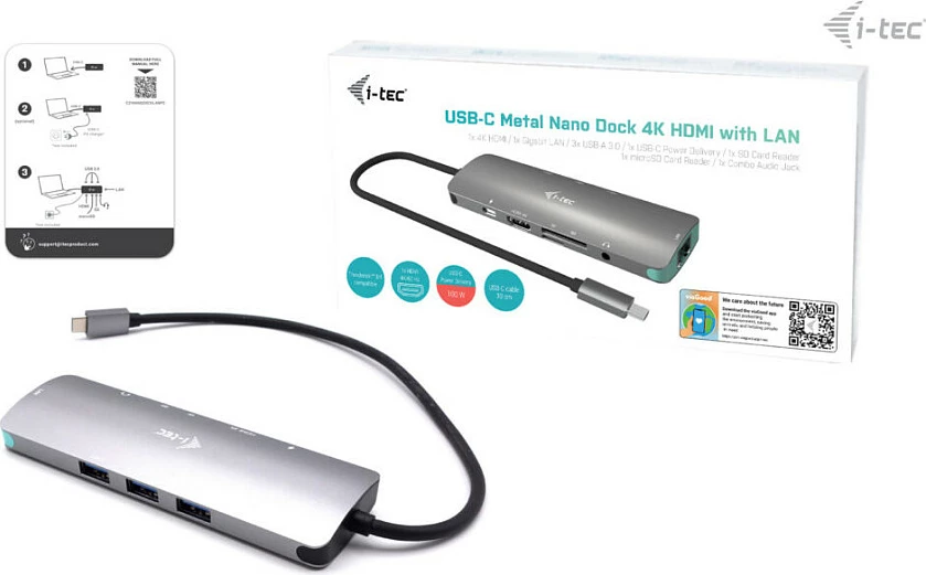 Docking stacion I-Tec Metal USB-C Nano, HDMI 4K, LAN Gigabit, Power Delivery 100W, argjendtë/turkez