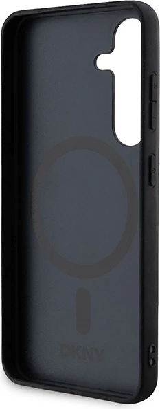 Mbështjellës DKNY Leather Pattern Metal Logo MagSafe për Samsung Galaxy S24, i zi