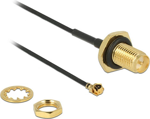Kabllo antene DeLOCK 89584, RP-SMA (M) straight në MHF (F) këndore, 10 cm, 50Ω, e zezë/ari