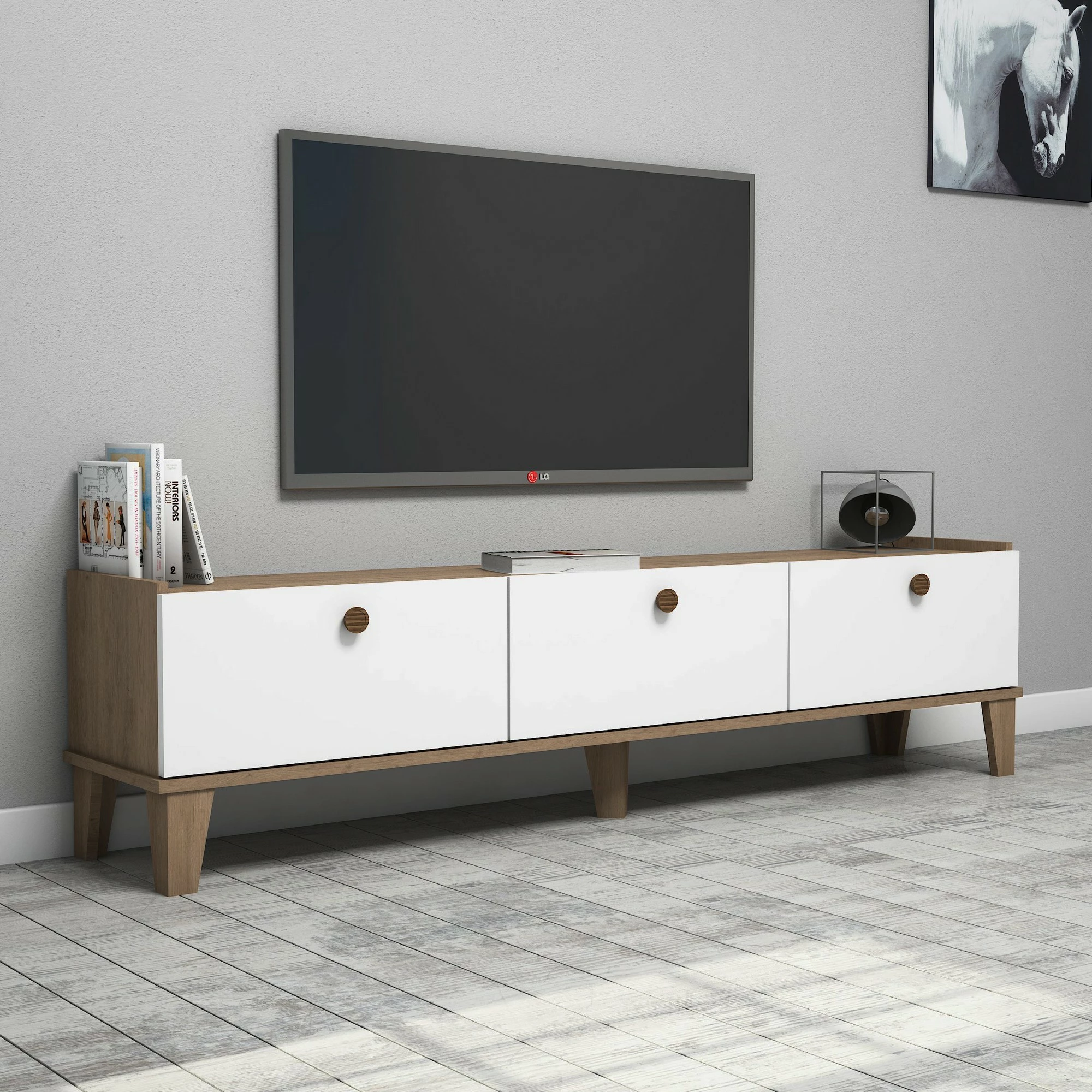 Komodë për TV Hanah Home, Sumer E3620, ngjyrë lis dhe e bardhë