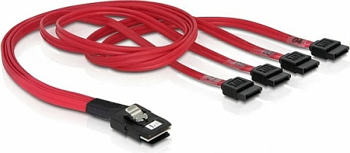 Kabllo DeLOCK mini SAS (SFF-8087) në 4x SATA, 0.5 m, e kuqe