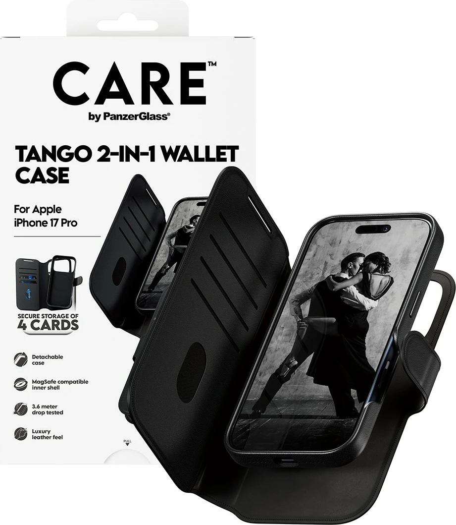 Mbështjellës PanzerGlass CARE Feature Case Tango 2in1 Wallet MagSafe për iPhone 17 Pro, i zi