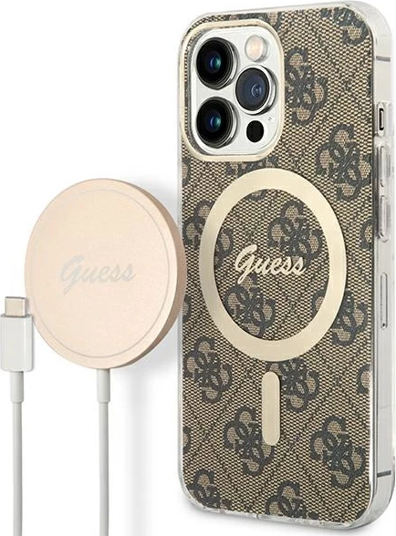 Set mbështjellës Guess GUBPP13LH4EACSW me karikues wireless për iPhone 13 Pro, 4G Print, kafe