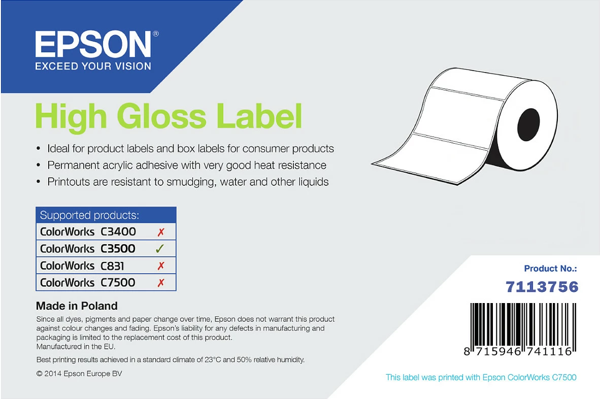 Etiketa për printer Epson High Gloss Label 76x51mm, rollë 610 etiketa, Gloss, e bardhë
