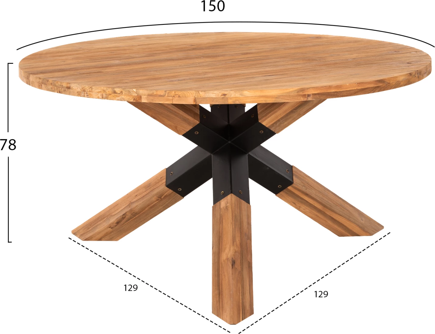 Tavolinë ngrënieje e rrumbullakët, dru TEAK i ricikluar, këmbë metalike, FH9559, Φ150x78H cm