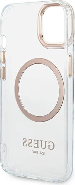 Mbështjellës Guess GUHMP14SHTRMD për iPhone 14 6.1", Metal Outline Magsafe, Transparent/Gold