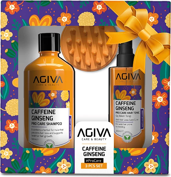 Set 3 pjesësh Pro Care Agiva Caffeine Ginseng (Shampon 500 ml+Tonik 200 mll+ Krehër)
