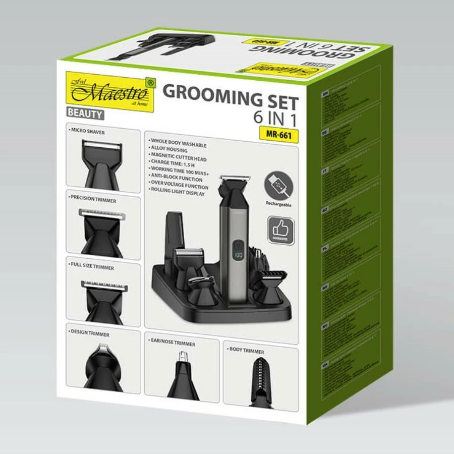 Set trimmer 6-në-1 Feel-Maestro MR-661, bateri 100 min, karikim USB-C, tehe çelik inoksi, wet & dry, e zezë/gri