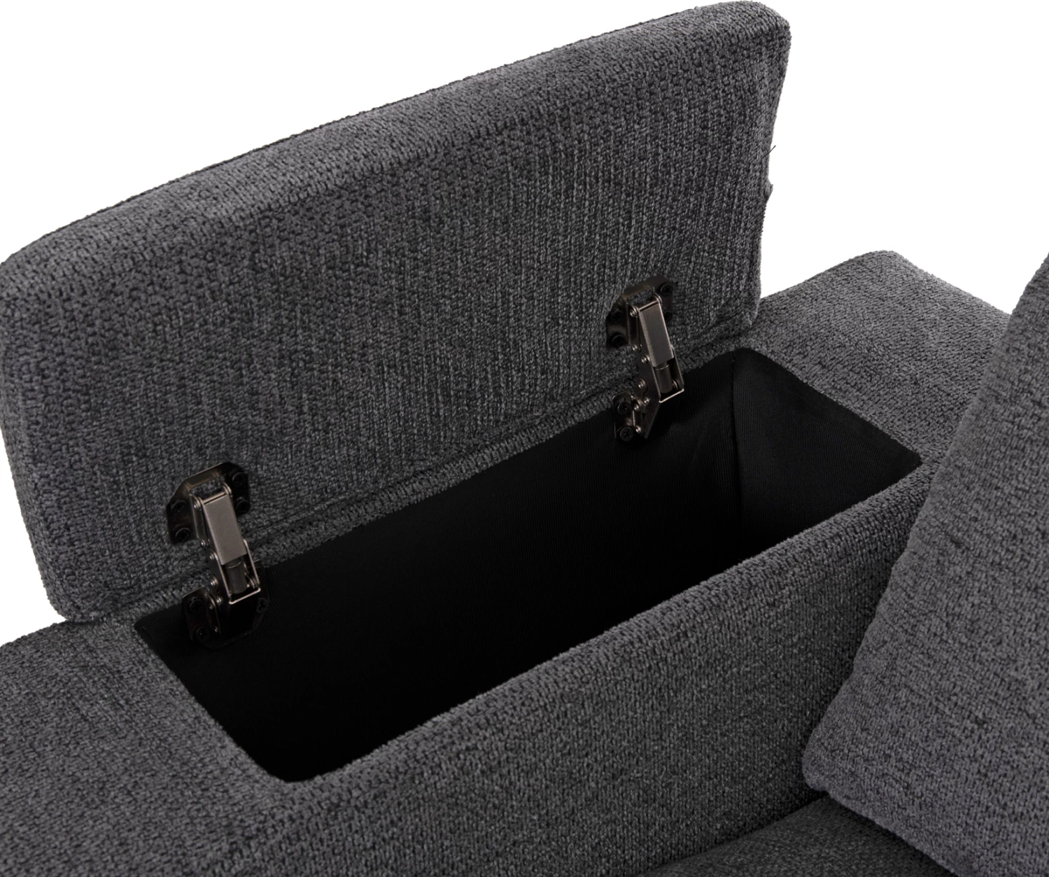 Këndare e djathtë SYNTHIA me recliner elektrik, hapësirë për depo dhe tavolinë, material gri, 246x159x97cm