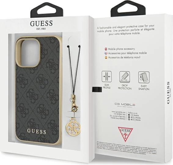 Mbështjellës Guess 4G Charms për iPhone 14 Pro Max, Gri me varëse