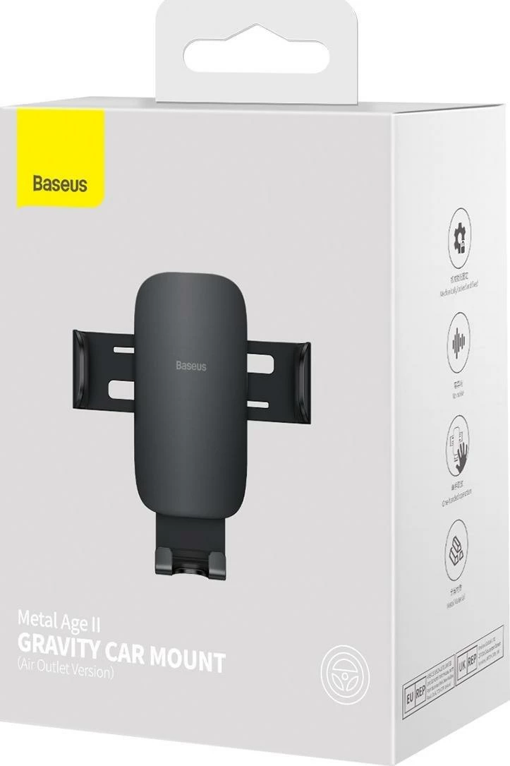 Mbajtës telefoni për veturë Baseus Metal Age II SUJS000001, gravity, për grilë ventilimi, max 86 mm, i zi