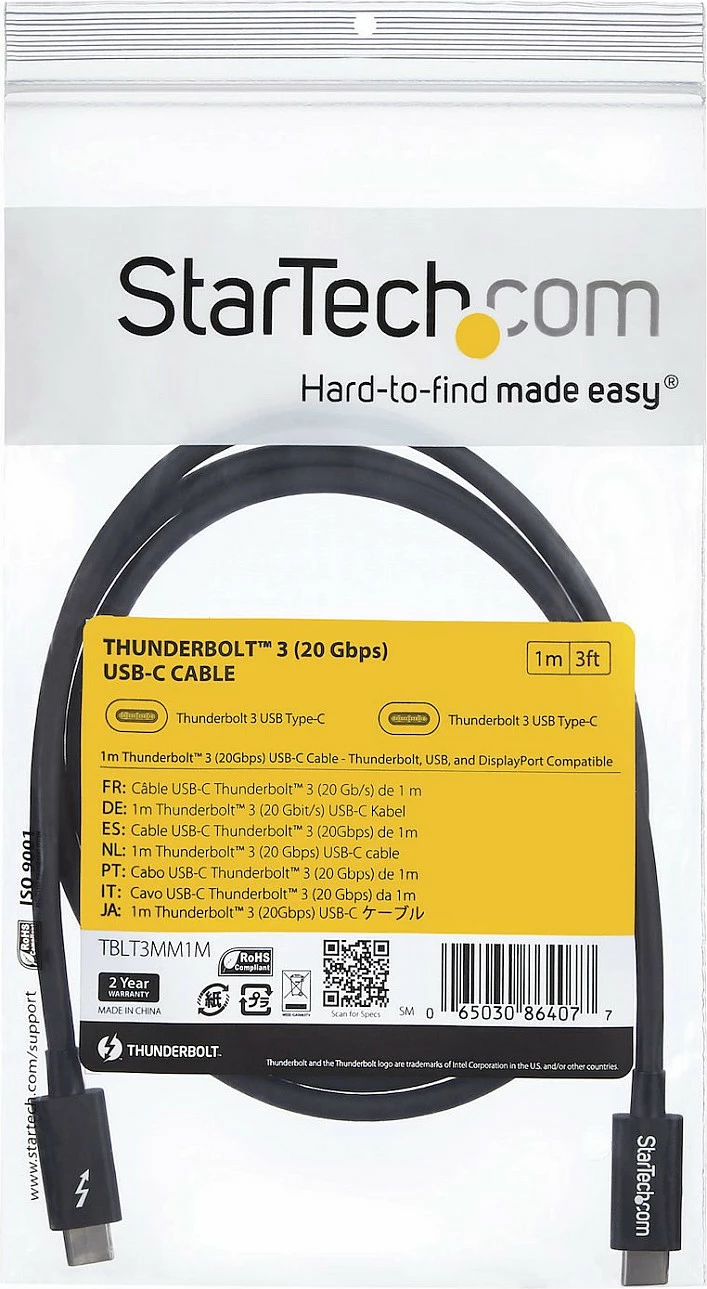 Kabllo Thunderbolt 3 USB-C StarTech TBLT3MM1M, 1m, 20Gbps, 4K 60Hz, e zezë
