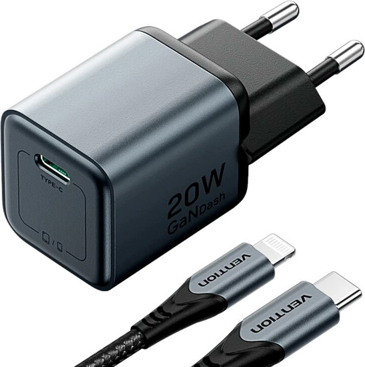 Karikues GaN Vention USB-C 20W me kabllo USB-C në Lightning 1m, Gri