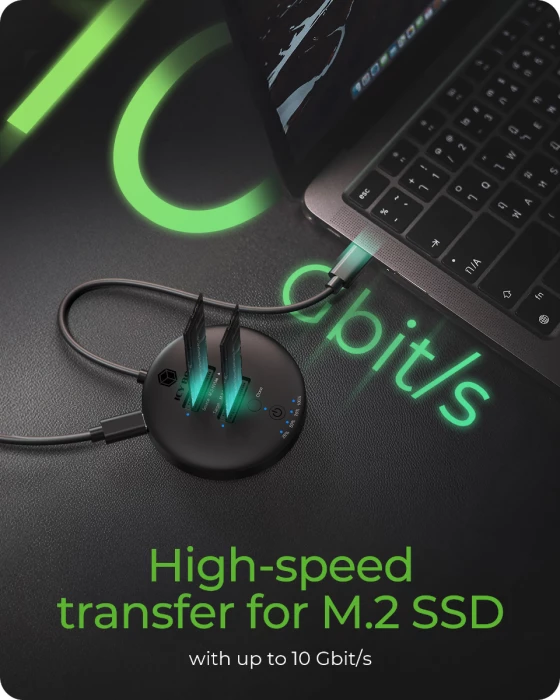 stacion dokimi dhe klonimi ICYBOX IB-1612MCL-C31 për 2x M.2 NVMe SSD, USB-C 10 Gbit/s, klonim offline, i zi, set me adaptor rryme dhe kabllo USB-C