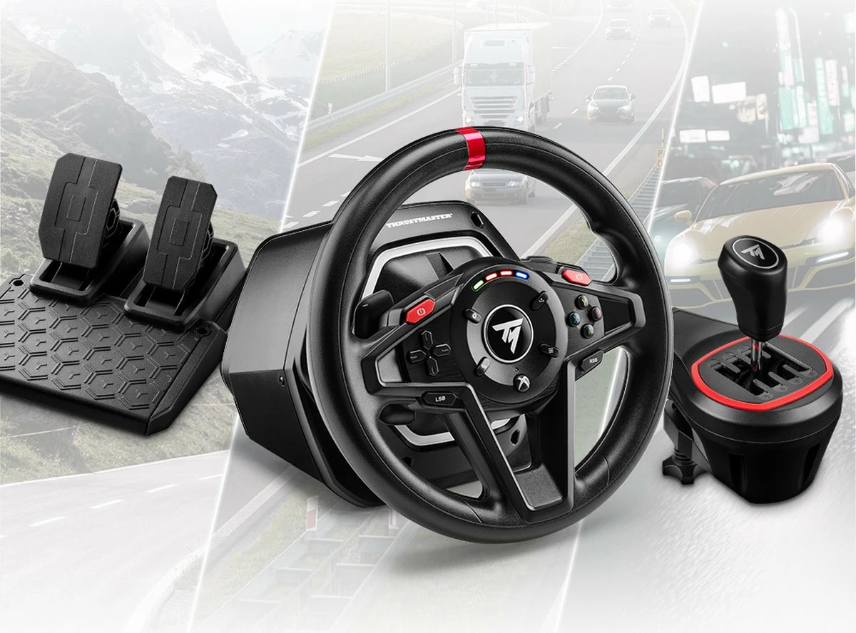 Set timon garash Thrustmaster T128-X Shifter Pack, Force Feedback, për Xbox Series X|S/Xbox One dhe PC, me pedale + TH8S shifter 8 shpejtësi, i zi