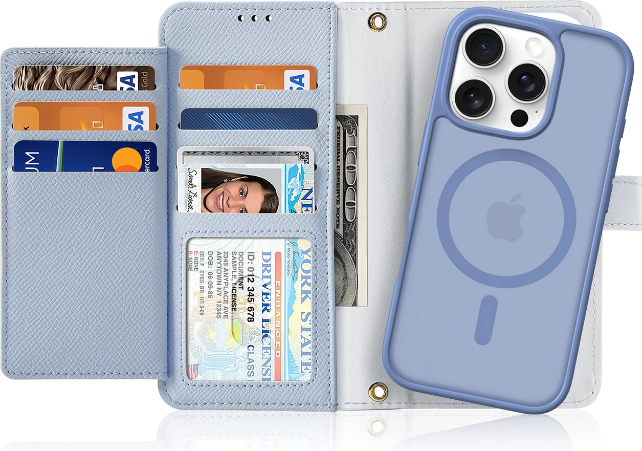 Mbështjellës Dux Ducis Lawa për iPhone 16 Pro, lëkurë, me portofol magnetik të ndashëm, kaltër