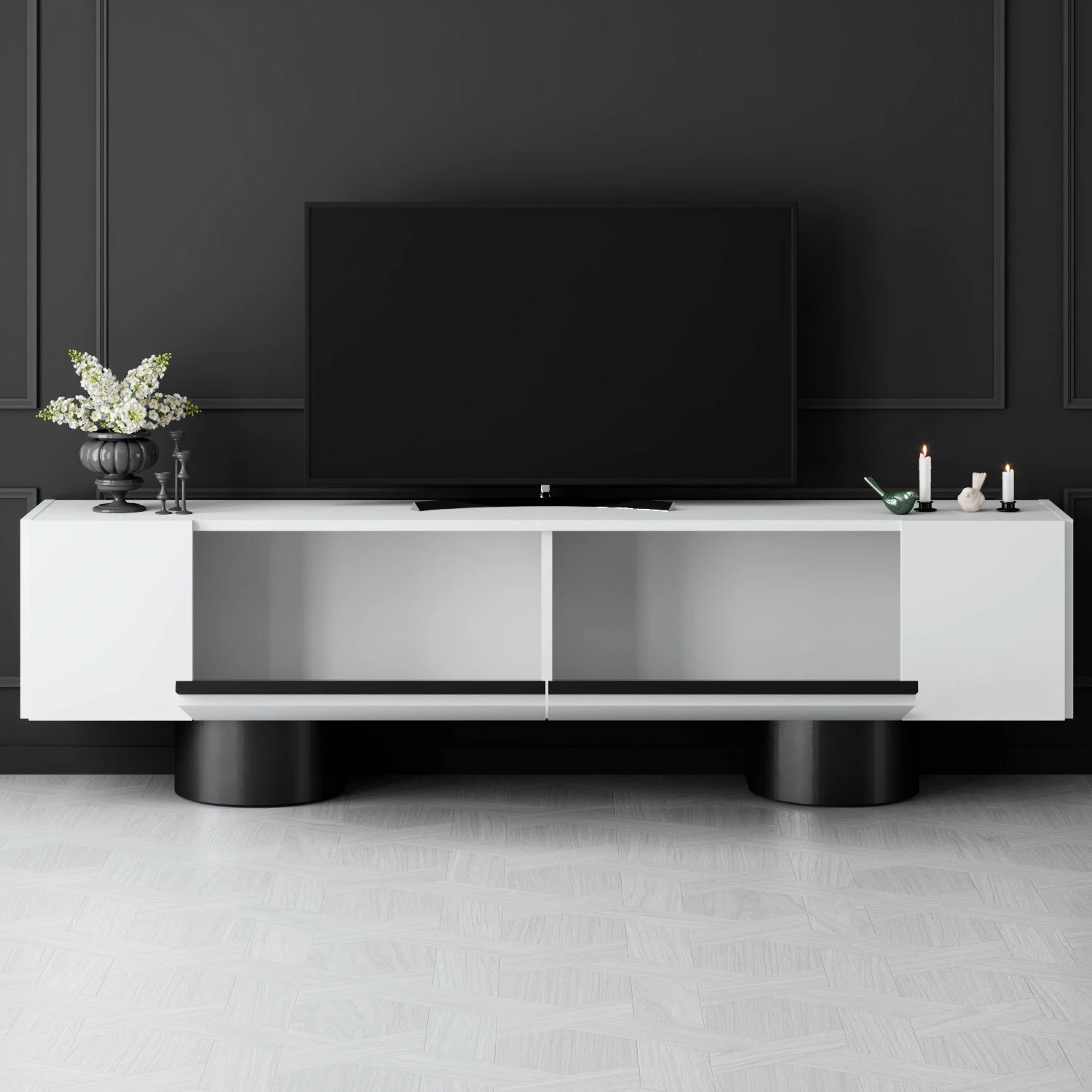 Komodë për TV Hanah Home, Bohem, e bardhë, e zezë